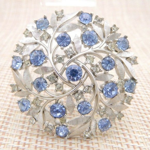 Trifari Jewelry - CROWN TRIFARI Blue Clear Rhinestone Silver Tone